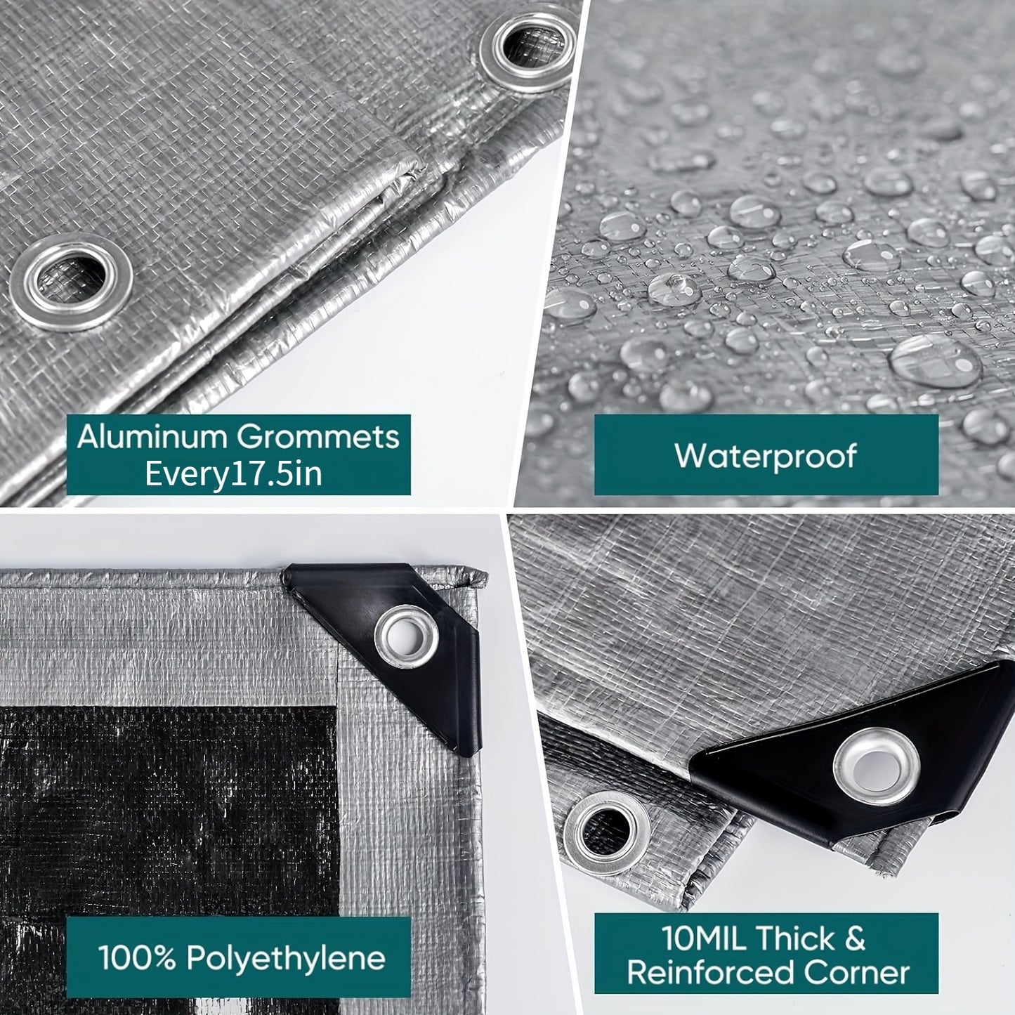 Heavy Duty Waterproof Tarp 2-Pack 10Mil 150GSM Black Silver – Tear-Proof Polyethylene Cover with Reinforced Grommets for Roof Pool Boat Car Camping & Outdoor