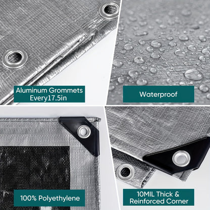 Heavy Duty Waterproof Tarp 2-Pack 10Mil 150GSM Black Silver – Tear-Proof Polyethylene Cover with Reinforced Grommets for Roof Pool Boat Car Camping & Outdoor