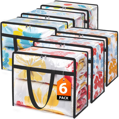 6 Pack Clear Clothes Storage Bags, Closet Organizers and Under Bed Storage Containers, Foldable Moving Bags with Zippers for Comforter, Blanket, Bedding, Duvet, PVC Packing Bags 15.85gal