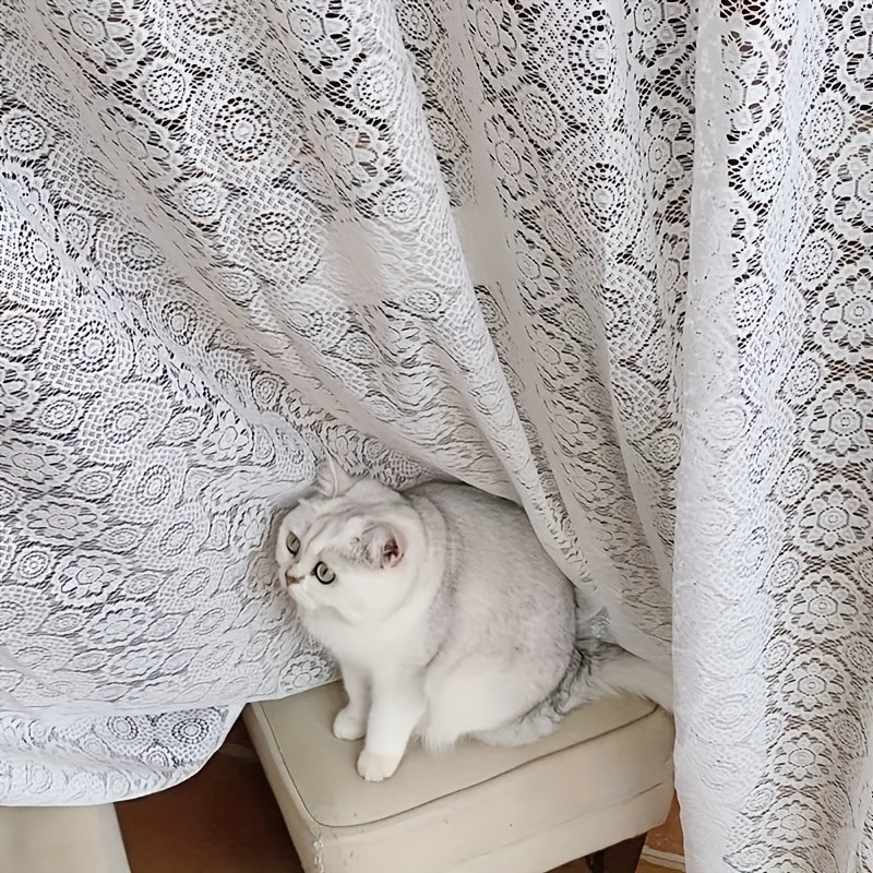 1pc of French Retro Romantic White Lace Embroidered Mesh Chiffon Curtain - Top Pole Through Living Room Decoration Partition Curtain, Bedroom Window Finished Chiffon Window