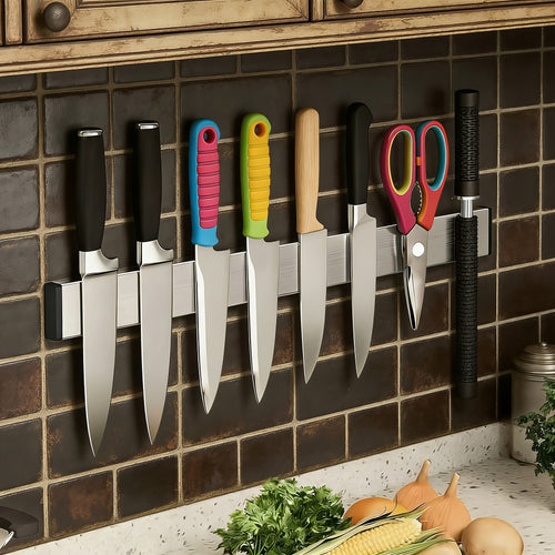 1pc Stainless Steel Magnetic Knife Holder – Punch-Free Wall Mounted Rack for Kitchen Knives, Securely Organizes Chef’s Knife, Santoku, Bread Knife & More, Ideal for Home or Restaurant Use, Culinary Organization | Sleek Metallic Finish | Punchfree Installa