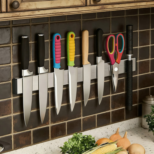 1pc Stainless Steel Magnetic Knife Holder – Punch-Free Wall Mounted Rack for Kitchen Knives, Securely Organizes Chef’s Knife, Santoku, Bread Knife & More, Ideal for Home or Restaurant Use, Culinary Organization | Sleek Metallic Finish | Punchfree Installa