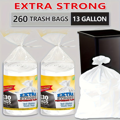 2 Rolls260 Bags 13 Gallon White Expandable Heavy Duty Multi-purpose Disposable Trash Bags - Super Strong, Leak-proof, Odor-resistant, Suitable for Bedrooms, Kitchens, Living Rooms, Outdoors, and Bathrooms - A Convenient and Sanitary Waste Solution