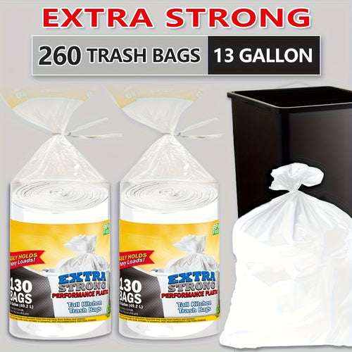 2 Rolls260 Bags 13 Gallon White Expandable Heavy Duty Multi-purpose Disposable Trash Bags - Super Strong, Leak-proof, Odor-resistant, Suitable for Bedrooms, Kitchens, Living Rooms, Outdoors, and Bathrooms - A Convenient and Sanitary Waste Solution