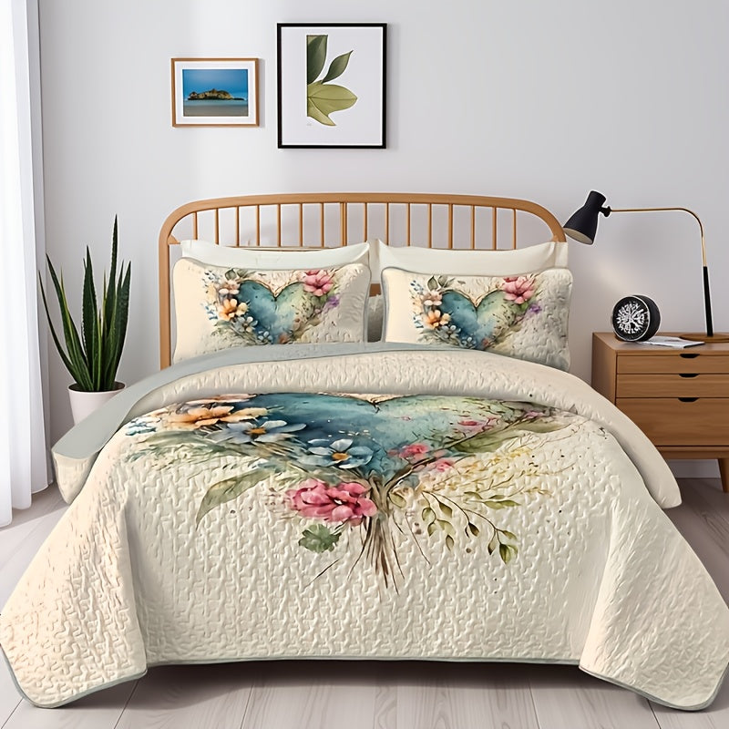 Floral Watercolor Quilt Set – Heart Botanical Print, Soft Breathable Hypoallergenic Bedspread, Twin Full Queen King, All Seasons – Romantic Bedroom Decor