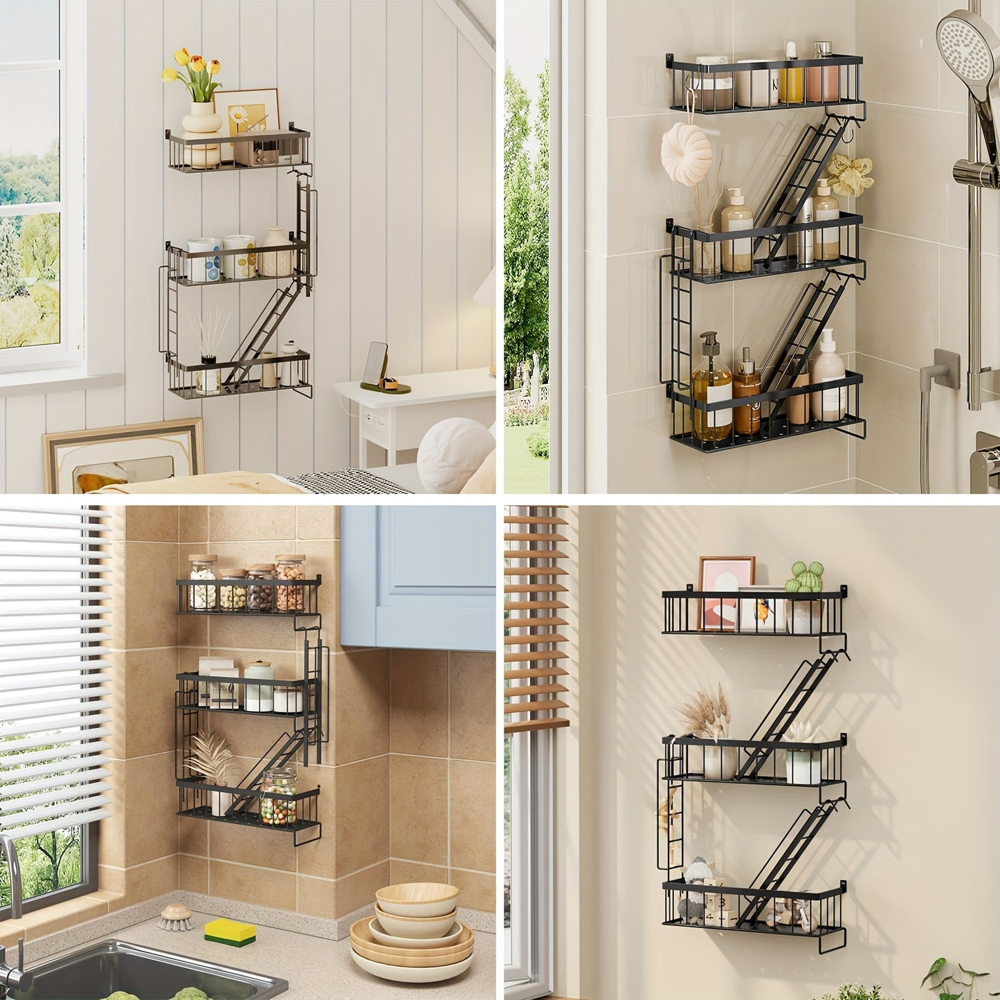 TOMNK Fire Escape Wall Shelf - Decorative Ladder Shelf, Wall Art Floating Shelf Black Metal Shelves For Bedroom, Home Office Storage And Display (3-Tier), Room Decor, Bathroom Decor, Floating Shelves