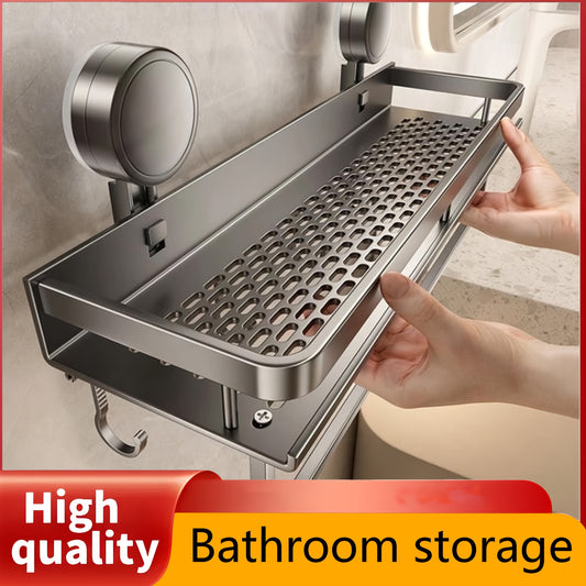 1pc Simple/1pc/2pcs Rustproof Wall-Mounted Shower Rack with Suction Cup- Heavy Duty Polished Floating Rack with Towel Hook, Space-Saving Bathroom Organizer for Shampoo, Soap, And Accessories, Bathroom Organizer And Storage, Bathroom Tray