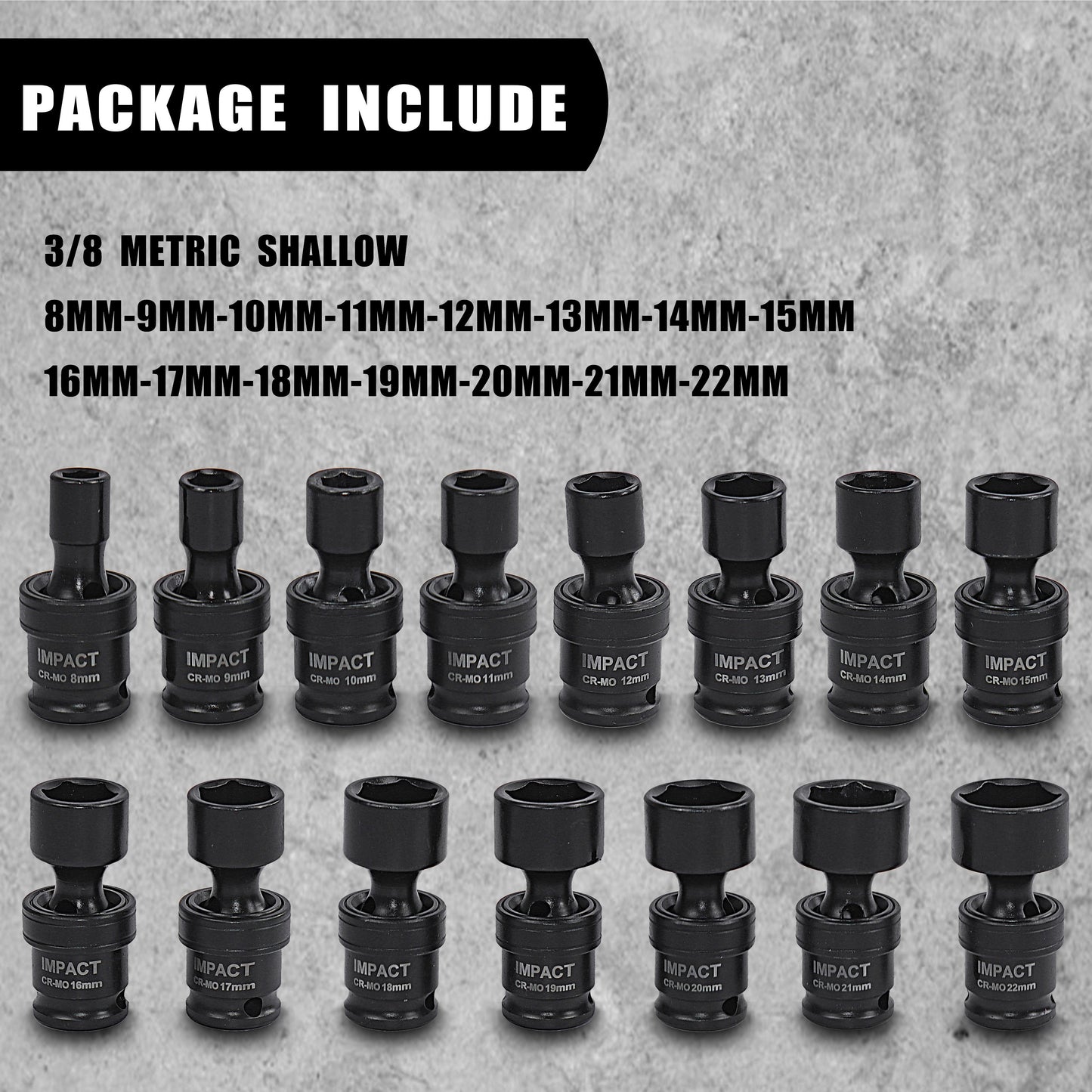 SEKETMAN 15pcs Impact Swivle Socket Set/17+1pc Accessory Set, 3/8" Dr, 8mm-22mm, Impact Universal Socket Set, Cr-mo Steel With Black Phosphate. Professional For Home Repairing And for home
