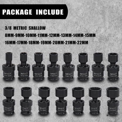 SEKETMAN 15pcs Impact Swivle Socket Set/17+1pc Accessory Set, 3/8" Dr, 8mm-22mm, Impact Universal Socket Set, Cr-mo Steel With Black Phosphate. Professional For Home Repairing And for home
