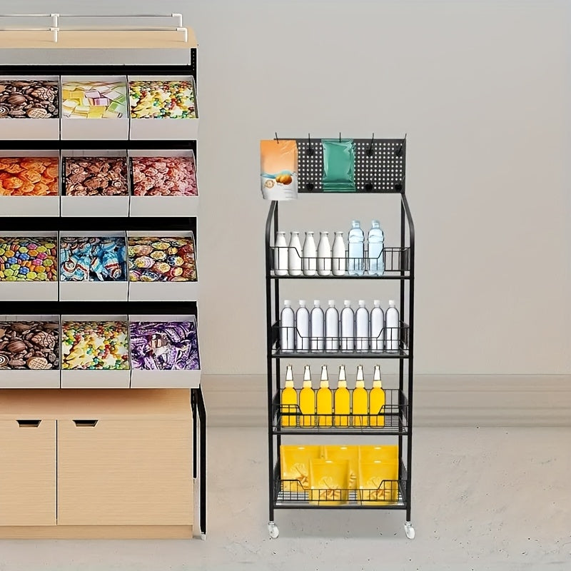 Four-Level Metal Display Rack on Wheels, Featuring a Painted Surface, Separate Shelves, Designed for Floor Use, Versatile for Various Placements, Includes a Snack And Food Display Section, Ideal for Kitchens And Convenience Stores, Standing Shelf
