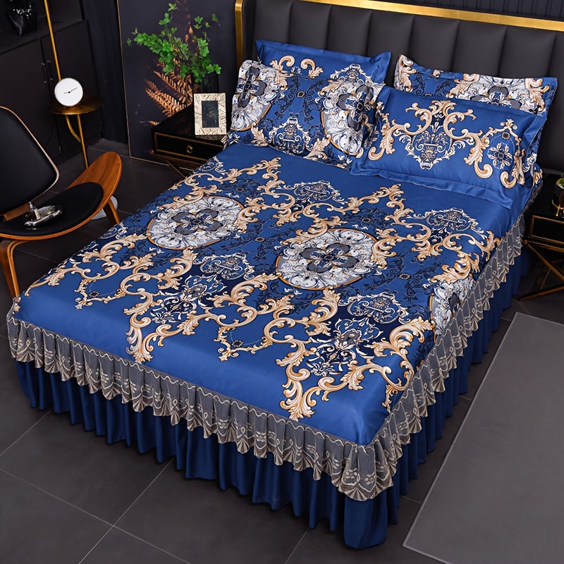 3pcs Double Layer Ruffle Bed Skirt Style Cool Mat Three Piece Set with Pillowcase Washable High Weight 360° Full Wrap