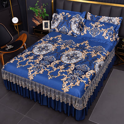 3pcs Double Layer Ruffle Bed Skirt Style Cool Mat Three Piece Set with Pillowcase Washable High Weight 360° Full Wrap