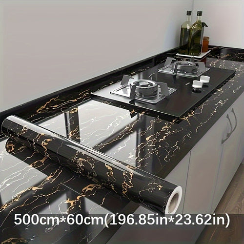 1pc Luxury Black Marble Wallpaper - Self-Adhesive, Large Kitchen Backsplash with Golden Veins, 23.62Inch X 196.85Inch, Easy Installation for Modern Home Decor, Modern Wallpaper | Marble Texture | Durable Wallpaper