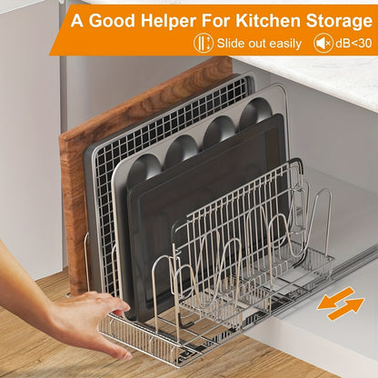 1pc Pots and Pans Organizer Under Cabinet, Pot and Pan Organizer with 10 Adjustable Dividers, Universal, Pull Out Cabinet Organizer for Pot Lid Cutting Board Bakeware Tray, 11" W*17.5" D*8.3" H