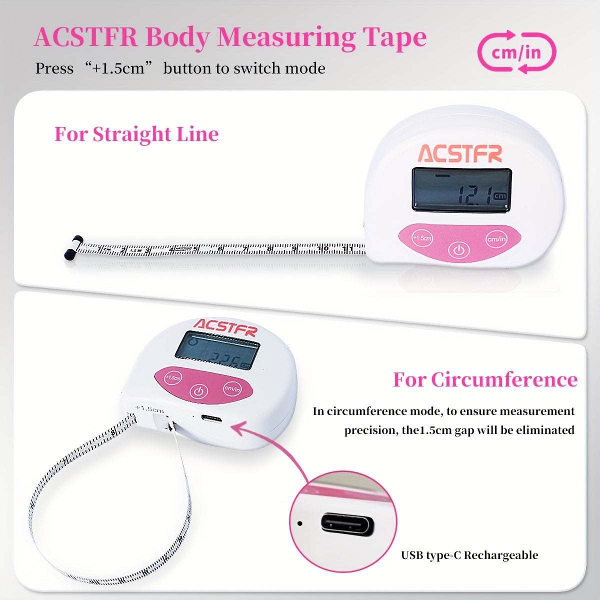 ACSTFR Retractable Body Measuring Tape - Smart Digital Tape for Weight Loss, Waist, Hip, Chest, Arm Measurement - 60 Inch/ 150cm, USB Rechargeable