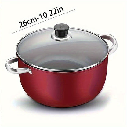 Red Non-Stick Cooking Pot with Lid, 10-Inch Stone-Derived Stock Pot with Iron Core for Even Heating, Induction-Compatible for Stewing, Boiling And Family Dinners, Ideal for Home Cooks And Holiday Gifts