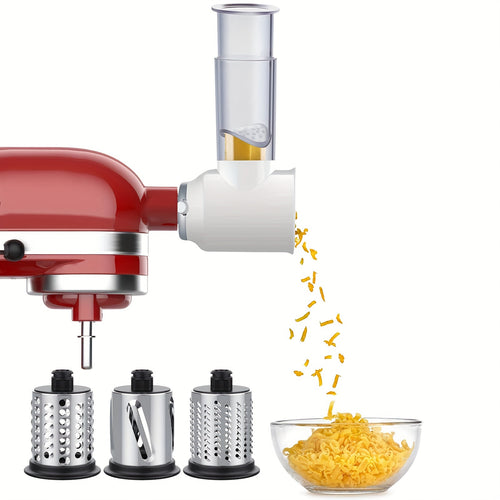 1pc Stainless Steel Slicer Shredder Attachment for Mixers - Multi-Function Vegetable Fruit Cheese Grater with 4 Dishwasher Safe Blades, Salad Maker & Powder Grinder for Carrots, Potatoes, Veggies, Kitchen Appliance Accessory, Sleek Metallic Design, Durabl