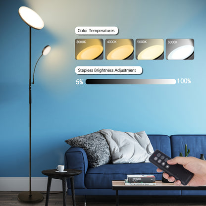 Dual-Function LED Floor Lamp, Featuring a 27W/2300LM Main Light And a 7W/350LM Reading Light, with Four Adjustable Color Temperatures. This Dimmable Torchiere Standing Lamp Includes Remote And Touch Control, Suitable for Home And Office Use