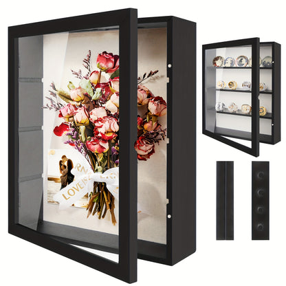 Shadow Box Frame 11x14 Large Memory Display Case with Linen Back - 4 Removable Shelves for Medals, Coins, Rings, Pins, Photos & Flowers | Deep Shadow Box for Collections, Country Farmhouse Style