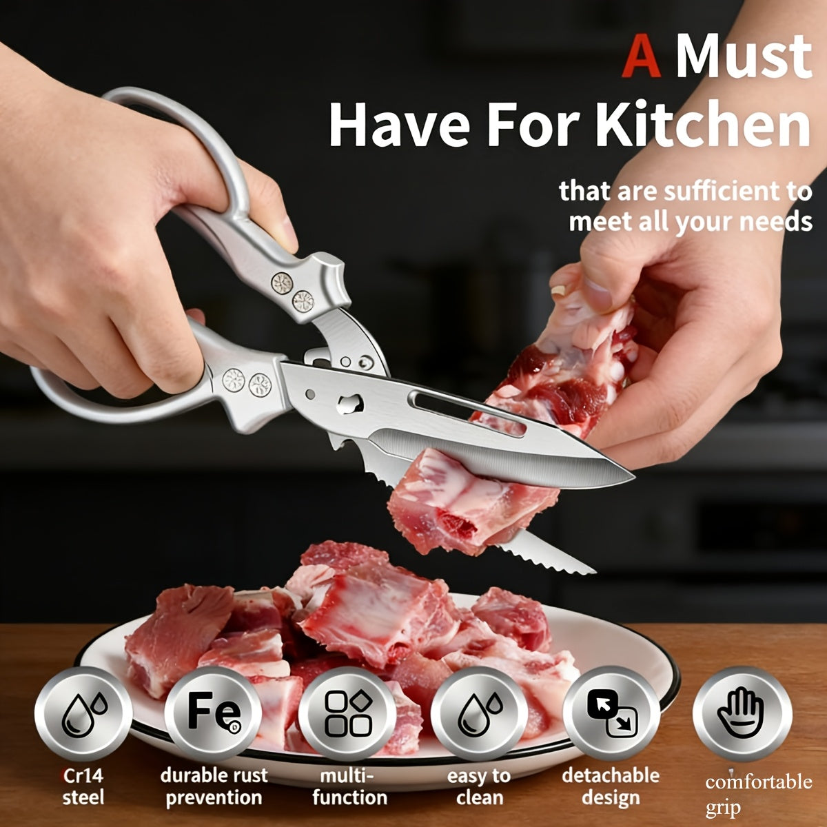 1pc 3CR Stainless Steel Cooking Scissors, Automatic Strong Chicken Bone Scissors, Smooth and Labor-saving Handle, Essential Tools for Home Kitchens, Multi-functional Planable Fruits and Vegetables, Seat Belt Lock