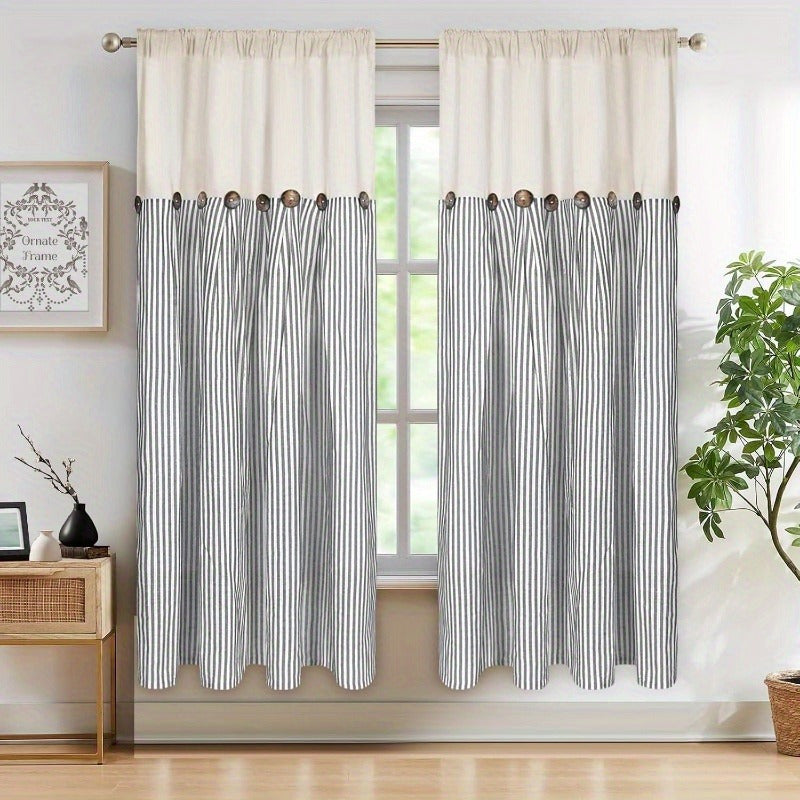 Semi Sheer Curtains Bohemian Linen Cotton Patchwork Grommet Top Window Drapes for Bedroom Living Room Kitchen Bathroom Cafe - Boho Country Cottage Style 4 Seasons 1 or 2 Panels