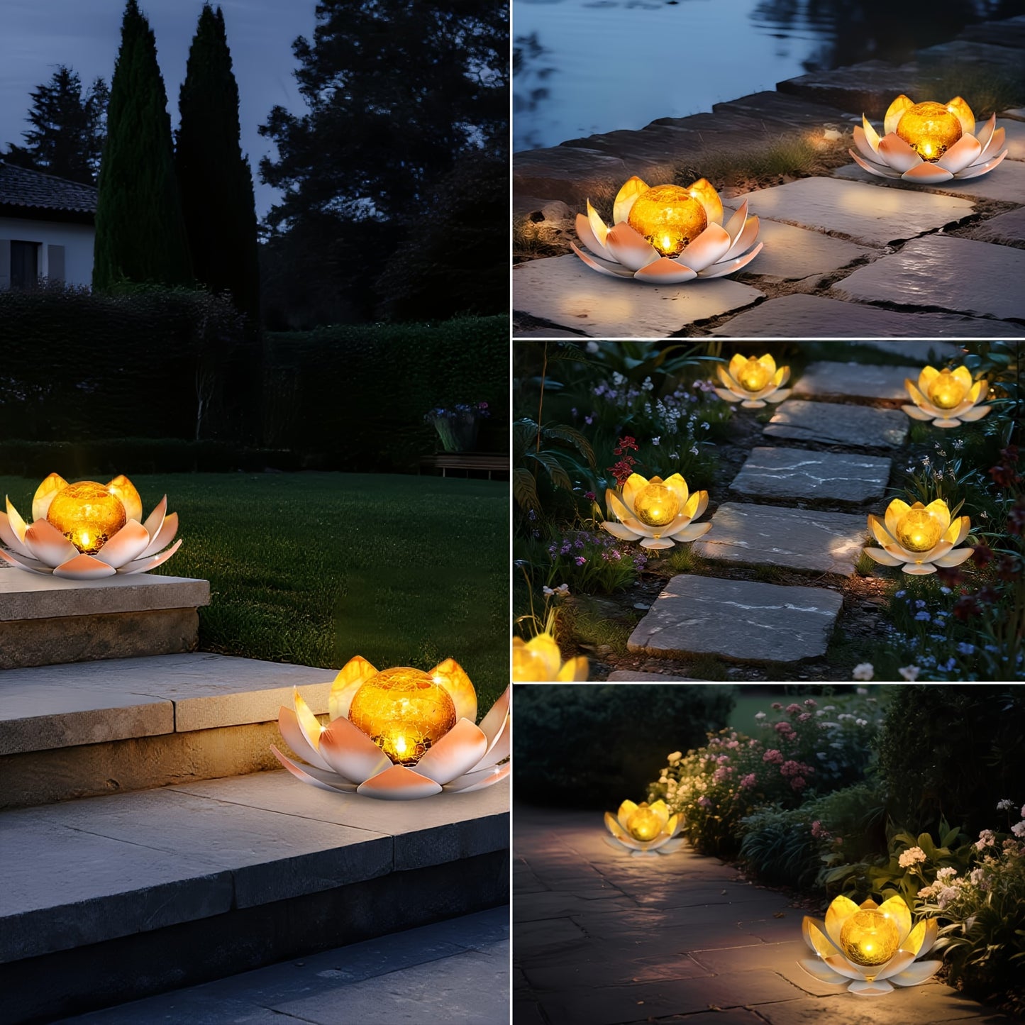 Solar Lotus Garden Lights 2-Pack – Rustic Iron Outdoor Stake Light with Cracked Glass Globe, IPX4 Waterproof Solar Powered Yard Lawn Patio Pool Decor, Warm Glow Landscape Lighting Gift