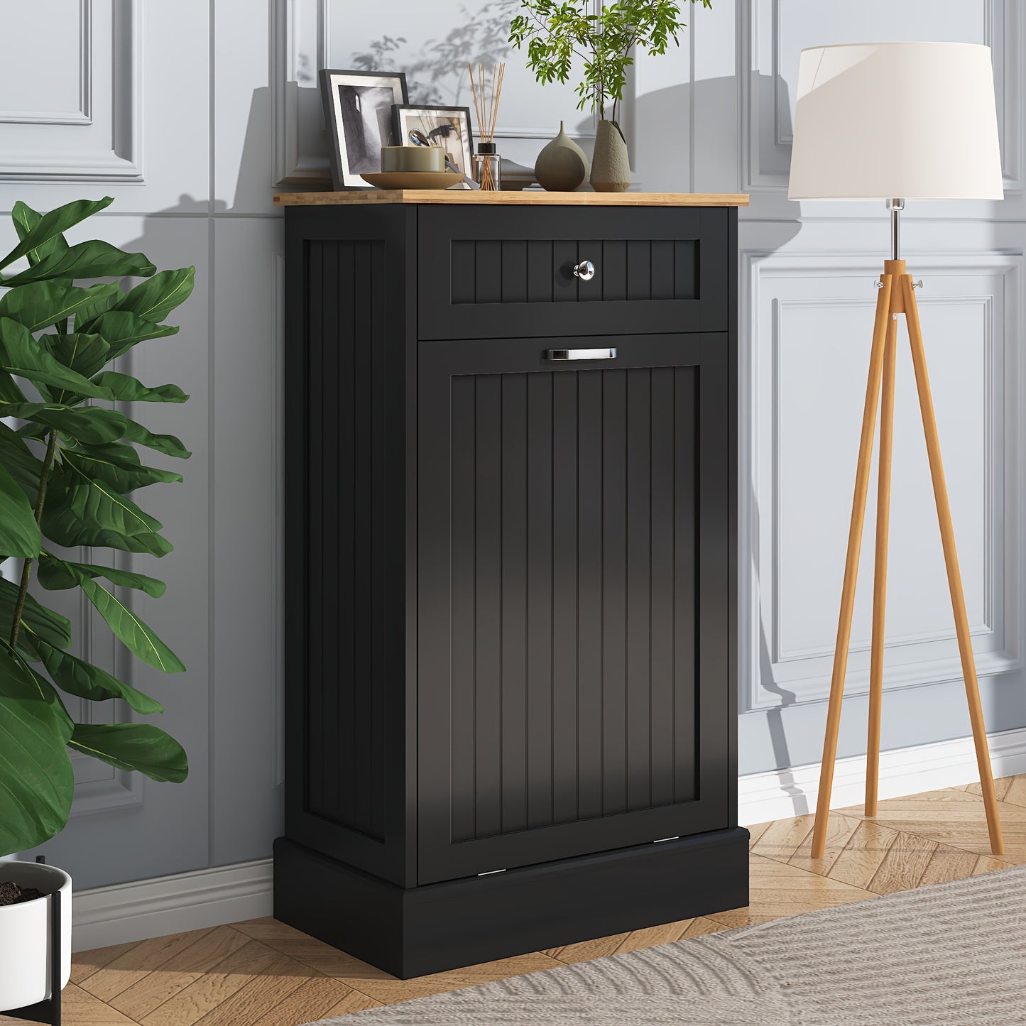 Single Trash Cabinet Tilt Out Freestanding, Kitchen Trash Cabinet Laundry Hamper with Cutting Board, Wood Garbage Recycling Station Hideaway Trash Holder Drawers