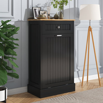 Single Trash Cabinet Tilt Out Freestanding, Kitchen Trash Cabinet Laundry Hamper with Cutting Board, Wood Garbage Recycling Station Hideaway Trash Holder Drawers