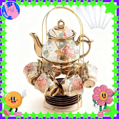 A Set of High-End Italian Teapot And Teacup, Including Multiple Floral Ceramic Tea Utensils And Plates, a European-Style Afternoon Tea Set with a Metal Base, Featuring Blooming Patterned Cup Bodies, Complete Tea Set Additions