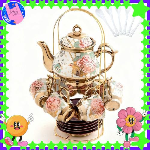 A Set of High-End Italian Teapot And Teacup, Including Multiple Floral Ceramic Tea Utensils And Plates, a European-Style Afternoon Tea Set with a Metal Base, Featuring Blooming Patterned Cup Bodies, Complete Tea Set Additions