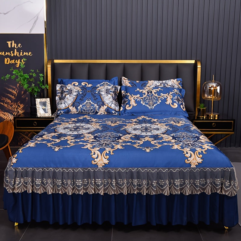 3pcs Double Layer Ruffle Bed Skirt Style Cool Mat Three Piece Set with Pillowcase Washable High Weight 360° Full Wrap