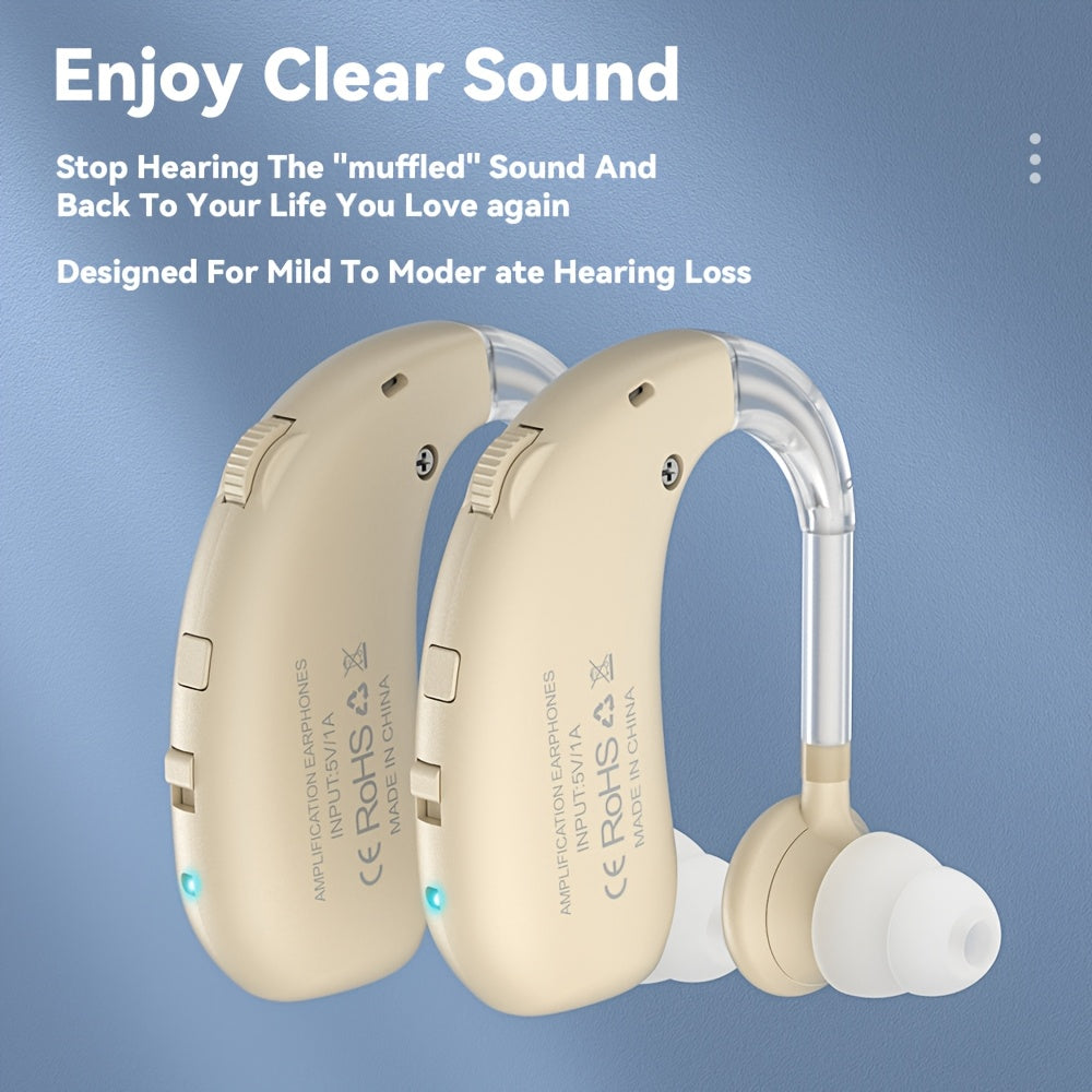 Rechargeable Hearing Aid for Seniors 2-Pack, Intelligent Noise Reduction, Invisible In-Ear Hearing Amplifier with Volume Control, Air Conduction, Black White Gold