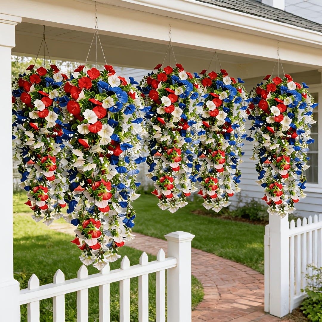 Artificial Hanging Morning Glory Flowers 6pcs - Red White Blue Fake Flower Vines for Home Garden Outdoor Indoor Decor, Independence Day Memorial Day Decoration, No Maintenance Plastic Blooms