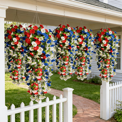 Artificial Hanging Morning Glory Flowers 6pcs - Red White Blue Fake Flower Vines for Home Garden Outdoor Indoor Decor, Independence Day Memorial Day Decoration, No Maintenance Plastic Blooms