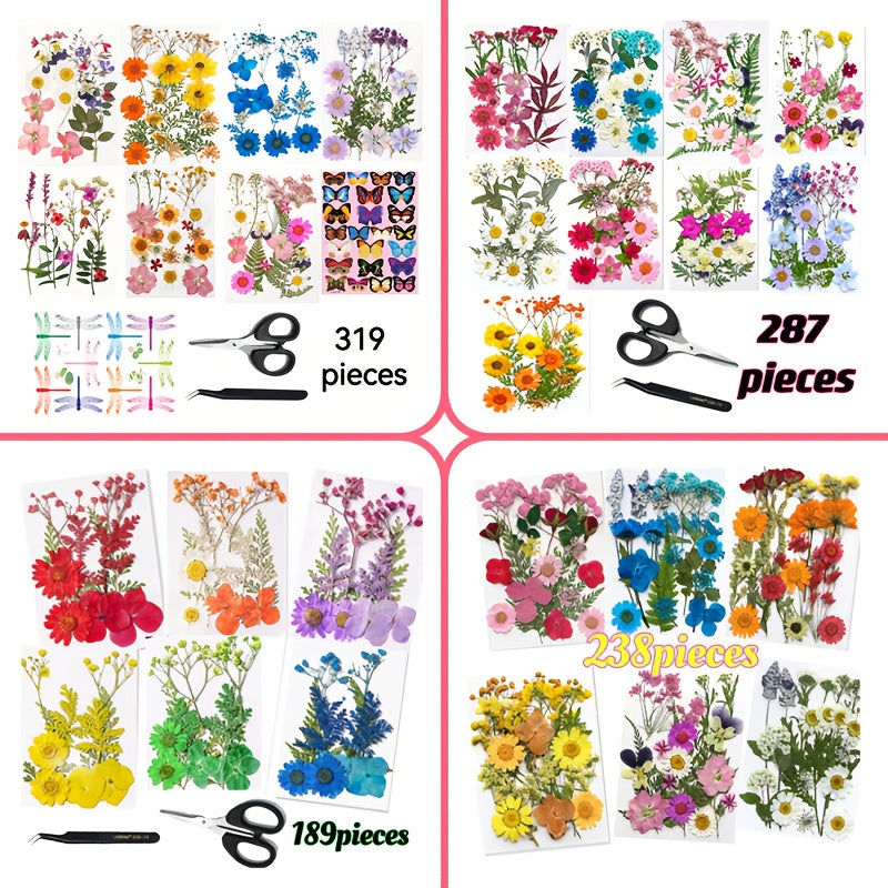 319pcs/287pcs/238pcs/189pcs Dried Flower Sets - Perfectly Suitable for Scrapbooks, Resin Crafts, Bookmarks, Art Decorations, Christmas Wedding Cards, Epoxy Resin Jewelry, Envelopes And Other Dried Flower Handicrafts