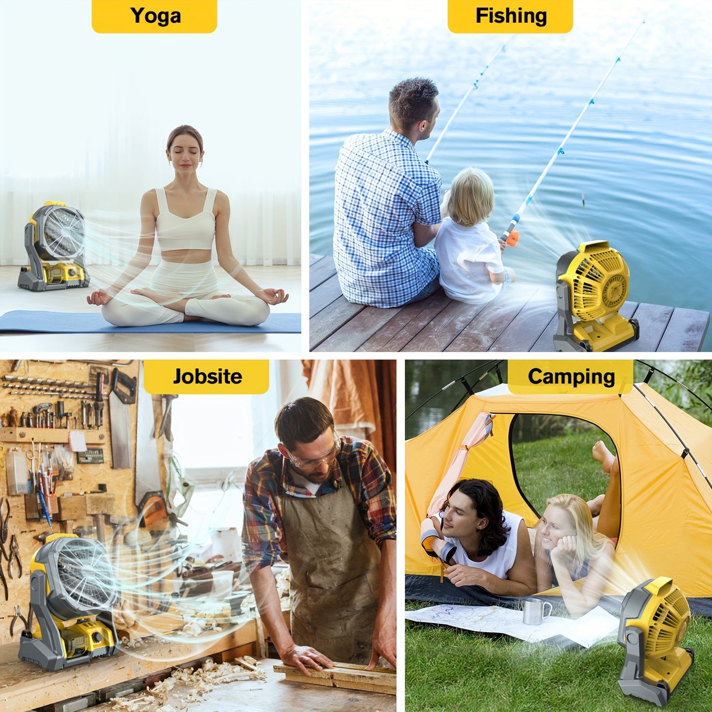 Portable Electric Fan for Camping by A, Compatible with for Dewalt 20V Max, Features Cordless Operation, Adjustable Speed, Built-In LED Lights, And a Hook for Hanging. Sold Separately