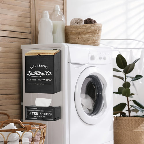 Set of 2 Magnetic Lint And Dryer Sheet Holder Set for Laundry Room, Farmhouse Wooden Lint Trash Can with Lid And Dryer Sheet Dispenser Box Magnetic for Mounting on Dryer, Wall Mounted Lint Box Holder Trash Can with Lid for Dryer, Lint Basket