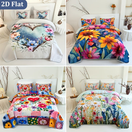 2D Flat 2/3pcs Colorful Flowers And Plants Quilted Quilt, 1pc Quilted Quilt+ 1/2pcs Pillowcases, Soft Breathable Comfortable Portability Hypoallergenic Machine Washable Bed Cover Bedding Room Decor, Twin/ Queen/ King Size Christmas Decorations