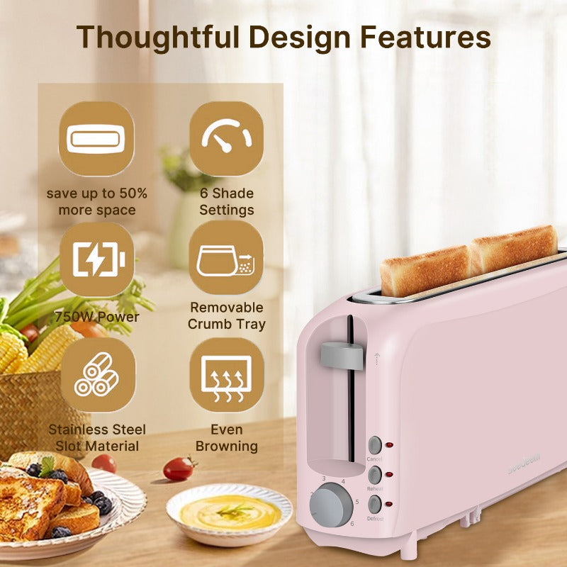Toaster 2 Slice, Fits-anywhere Kitchenware, 6 Setting Shade Control with Cancel & Reheat & Defrost, Removable Crumb Tray, 750 Watt, White, Design Perfect for Toasting Bread, Waffle Or Bagel!