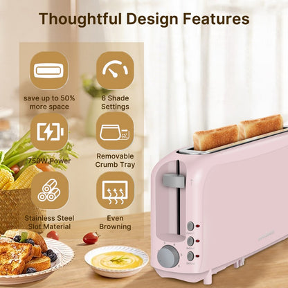 Toaster 2 Slice, Fits-anywhere Kitchenware, 6 Setting Shade Control with Cancel & Reheat & Defrost, Removable Crumb Tray, 750 Watt, White, Design Perfect for Toasting Bread, Waffle Or Bagel!