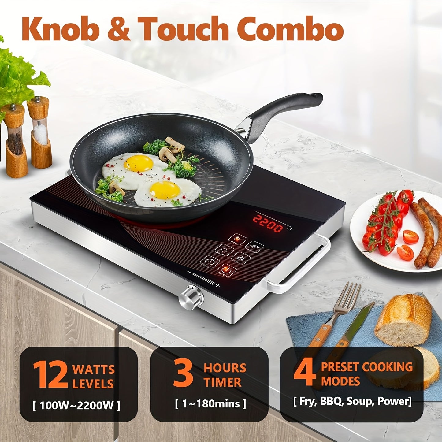 Electric Ceramic Stove, Electromagnetic Stove, Infrared Hot Plate Electric Stove, Portable Cookware Suitable for Cooking 2200W, Adjustable Temperature Control, Dual Control, Induction, Touch And Rotation