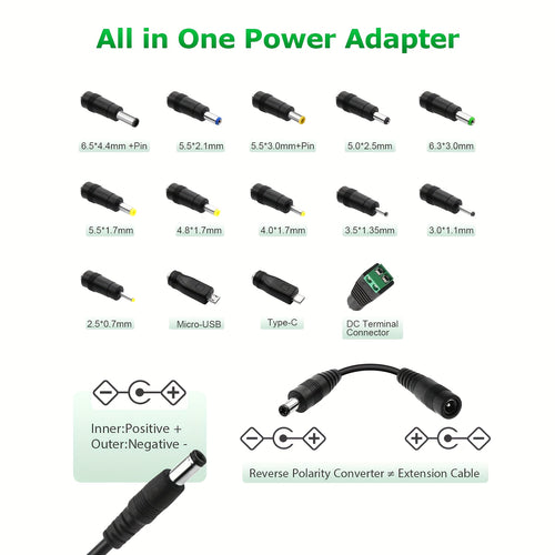 Adjustable AC to DC Power Adapter 72W - 3-24V Variable Power Supply with LCD Voltage Display, Knob Control, 15 Interchangeable Tips, Overvoltage & Short Circuit Protection, 100-240V Universal Input