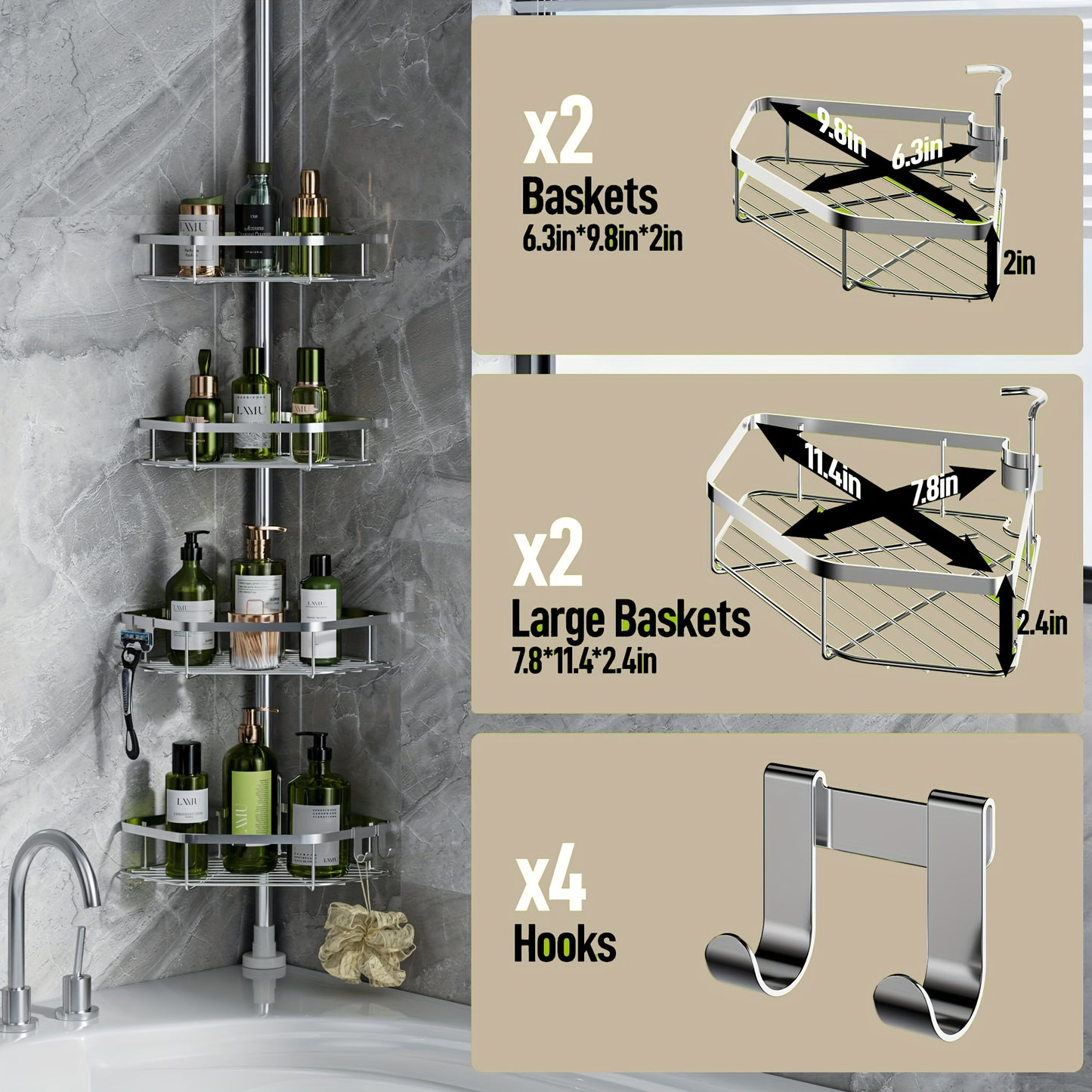 Corner Shower Caddy Tension Pole, Shower Caddies