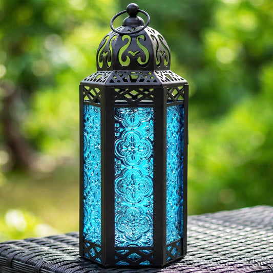 Moroccan Candle Lantern Holder - Decorative Metal & Glass Lantern with Embossed Floral Design for Indoor Home Decor, Garden, Patio, Weddings, Ramadan, Halloween & Holiday Celebrations - 10.5" Tall Medium Size