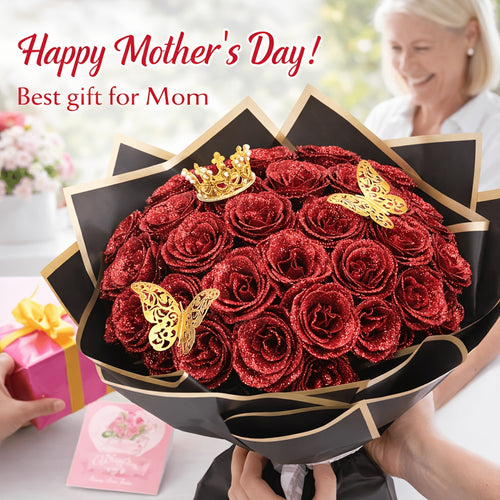 24/36pcs Glitter Roses Bouquet - Everlasting Shiny Artificial Red Roses with Sparkling Glitter Petals, DIY Fake Flower Bouquet Suitable for Valentine' Day, Mother' Day, Wedding, Anniversary, - Gifts for, Plastic Roses Bouquet