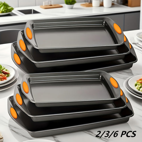 2/6pcs Non-Stick Baking Sheet Set, Assorted Size Cookie Trays with Orange & Blue Silicone Handles, In Gray, Black & Golden, Stackable Bakeware for Baking & Roasting