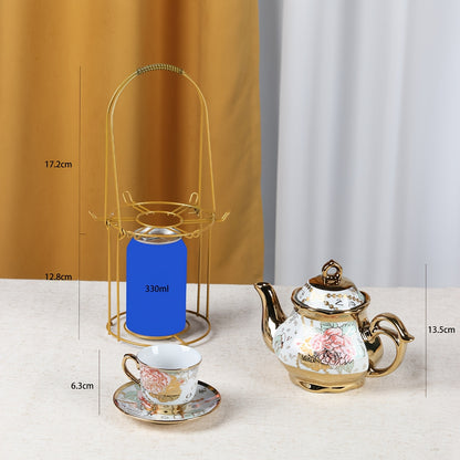 20pcs Porcelain Floral Espresso Tea Set with Metal Holder and 15oz/450ml Teapot European Ceramic Turkish 3.3oz/100ml Coffee Cup and Saucers Luxury Arabic Ceramic Tea Cups for Espresso Cappuccino Latte Mocha Gift for Afternoon Tea And Gift