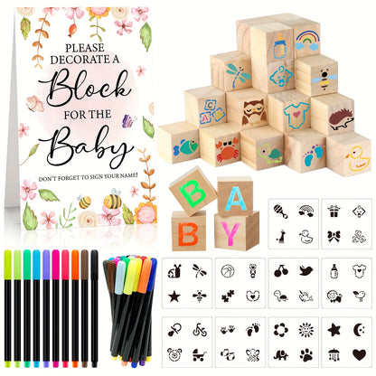 Wooden Block Stacking Game Party Kit 51pcs 30pcs – Baby Shower Tumbling Tower Decoration Sign Set Classic Flower Greenery Fox Bear Style No Electricity