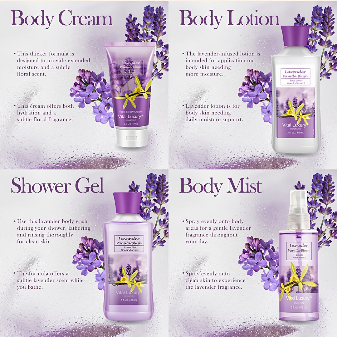 Luxury Bath Gift Set for Women 4pcs Lavender Vanilla Body Care Kit Shower Gel Body Lotion Body Cream Fragrance Mist for Mom Wife Girlfriend All Skin Types