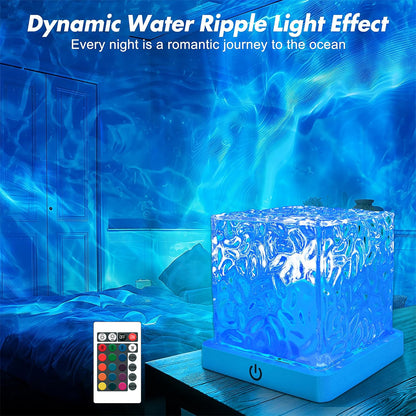 RGB Night Light Rechargeable 16-Color Ocean Wave Projection Lamp - Rotating Flame Water Ripple Remote Dimming for Bedroom Bar Restaurant Display Cabinet Decor